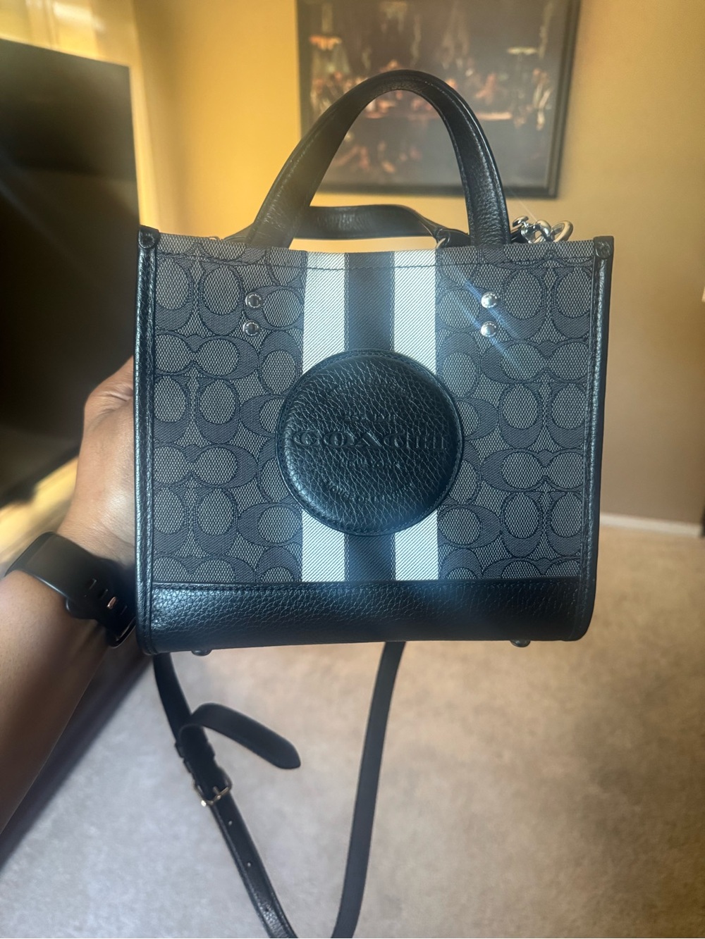 Coach Small Signature Tote in Black with White Stripe